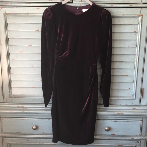 Calvin Klein Velvet Puff Sleeve Ruched Dress - Picture 3 of 16